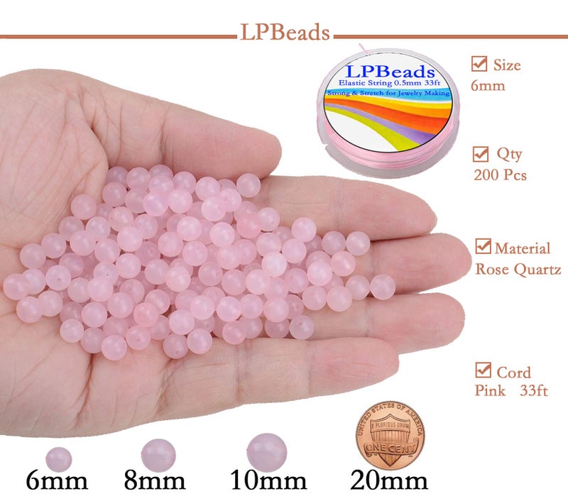 LPBeads 200Pcs Polished 6mm Round Natural Rose Quartz Gemstone Loose Beads with Stretch Cord for Jewelry Making Bracelets - Image 2
